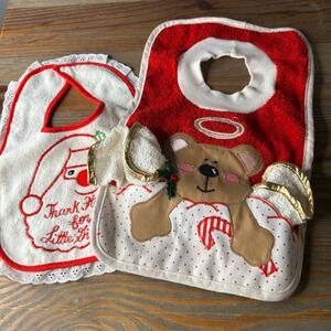 Vintage Christmas Baby Bibs‎ Set Santa Angel Teddy Bear Terry Cloth
